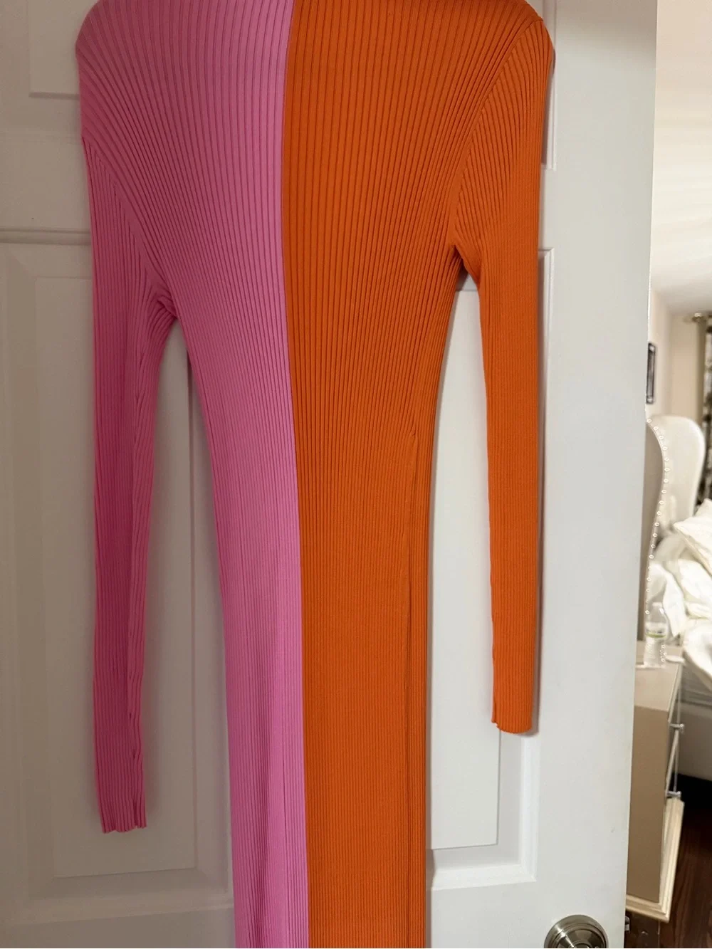 STAUD Two-Tone Ribbed Button-Front Midi Dress in Orange & Pink - Picture 4 of 4